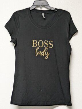 Women's Black "Lady Boss" Gold Glitter Printed Round Neck Graphic T-Shirt - 2X